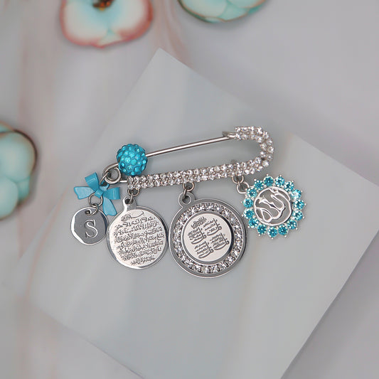 Light Blue Pin with Allah, Ayatul Kursi, & 4 Quls Charm