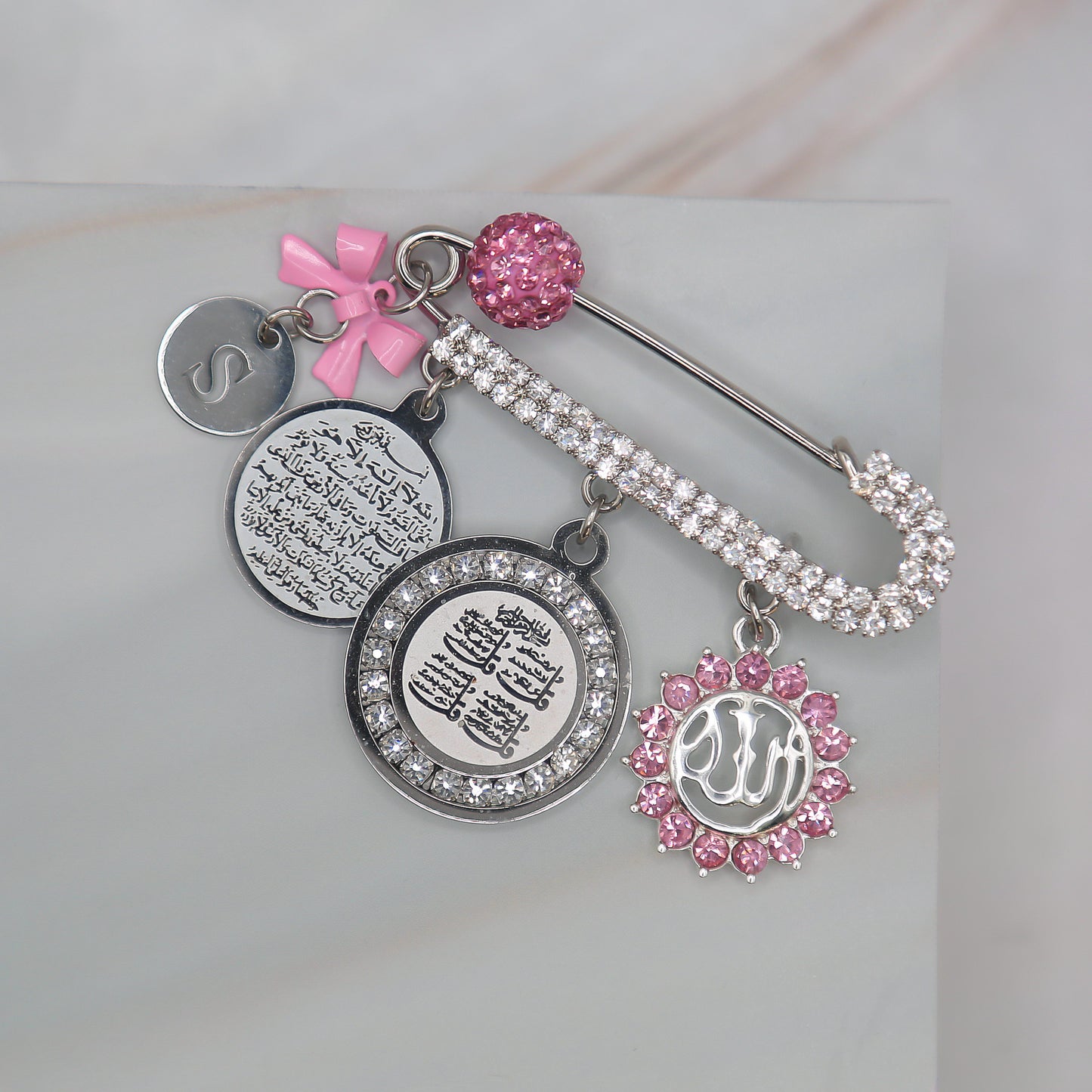 Pink Pin with Allah, Ayatul Kursi, & 4 Quls Charm