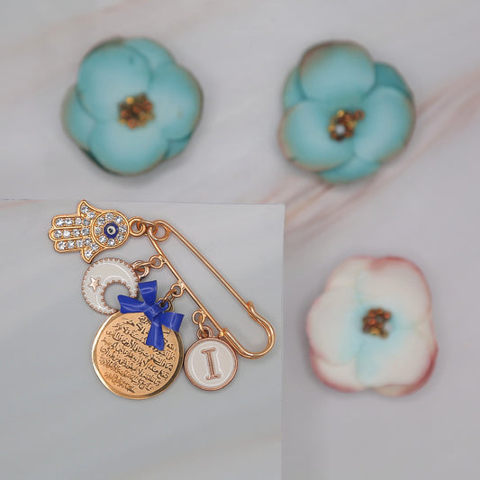 Ayatul Kursi Allah Dark blue initial pin with Hamsa