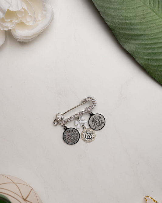 White Pin with Allah, Ayatul Kursi, & 4 Quls Charms