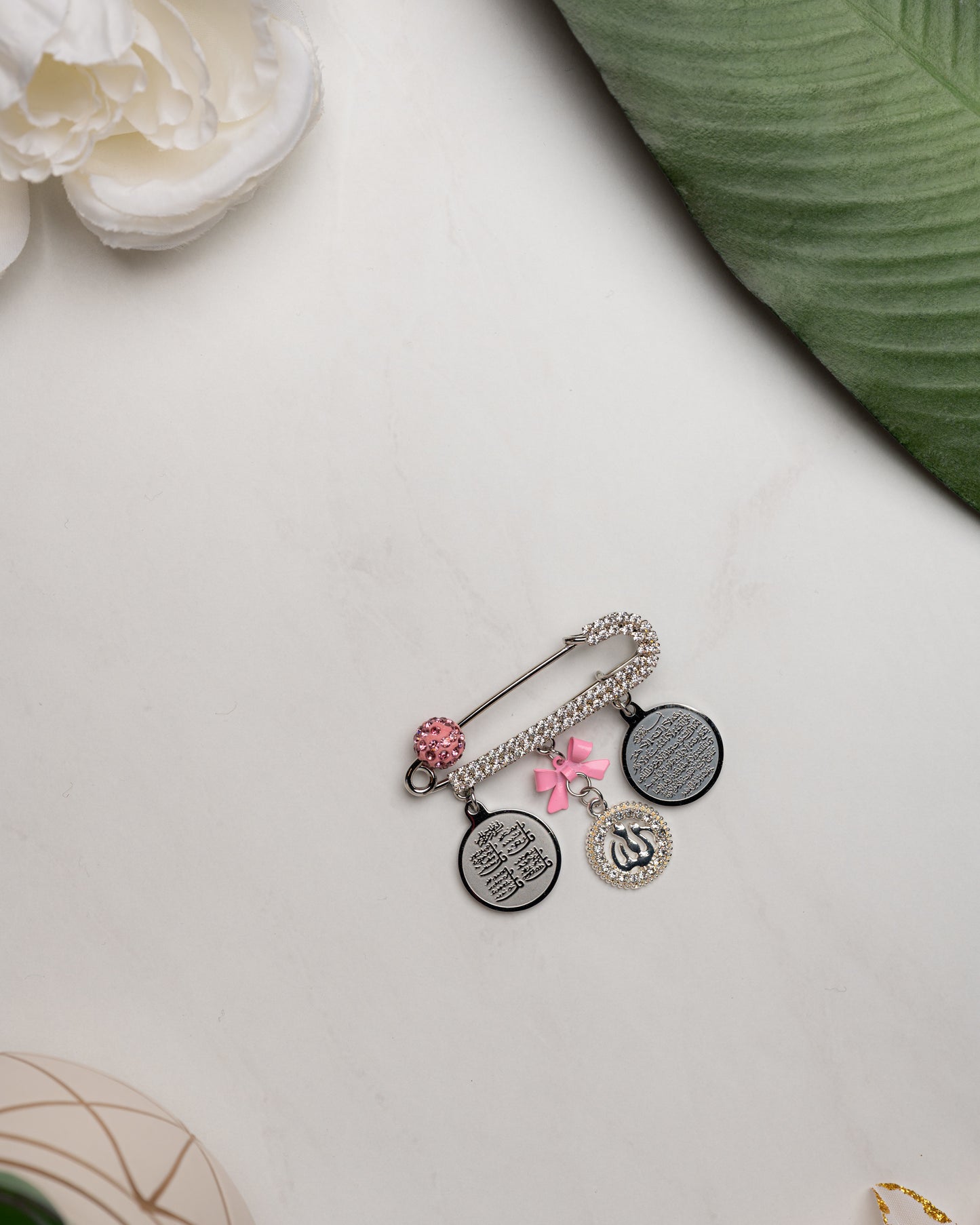 Ayatul Kursi Silver Pink Pin with 4 Quls Charm