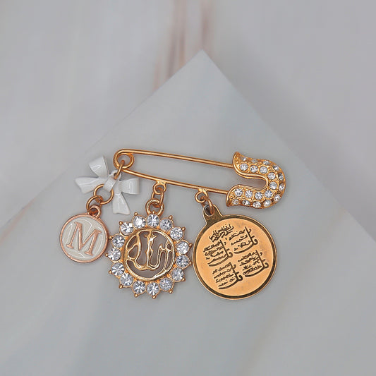 Gold Small pin with Four Quls, Allah & Initial