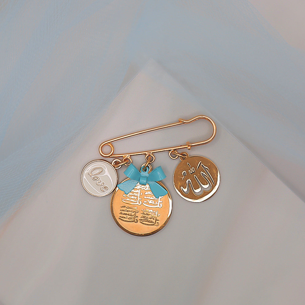Small Gold Pin with Light Blue bow, Allah, Four Quls, Love Charm