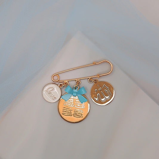 Small Gold Pin with Light Blue bow, Allah, Four Quls, Love Charm