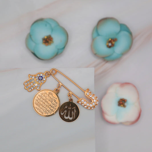 Small Gold Pin with Allah, Ayat Al Kursi, Hamsa charm