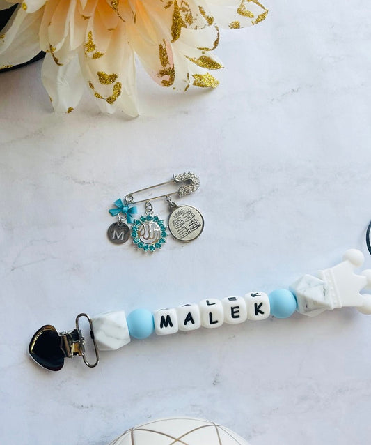 Customized Silver Initial Pin with Pacifier Clip