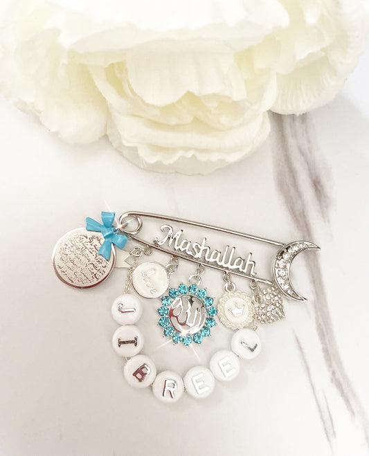 Customized MashAllah Pin with Beaded Name, Allah, & Ayatul Kursi Charms
