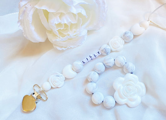 Customized Pacifier Clip in White & Marble