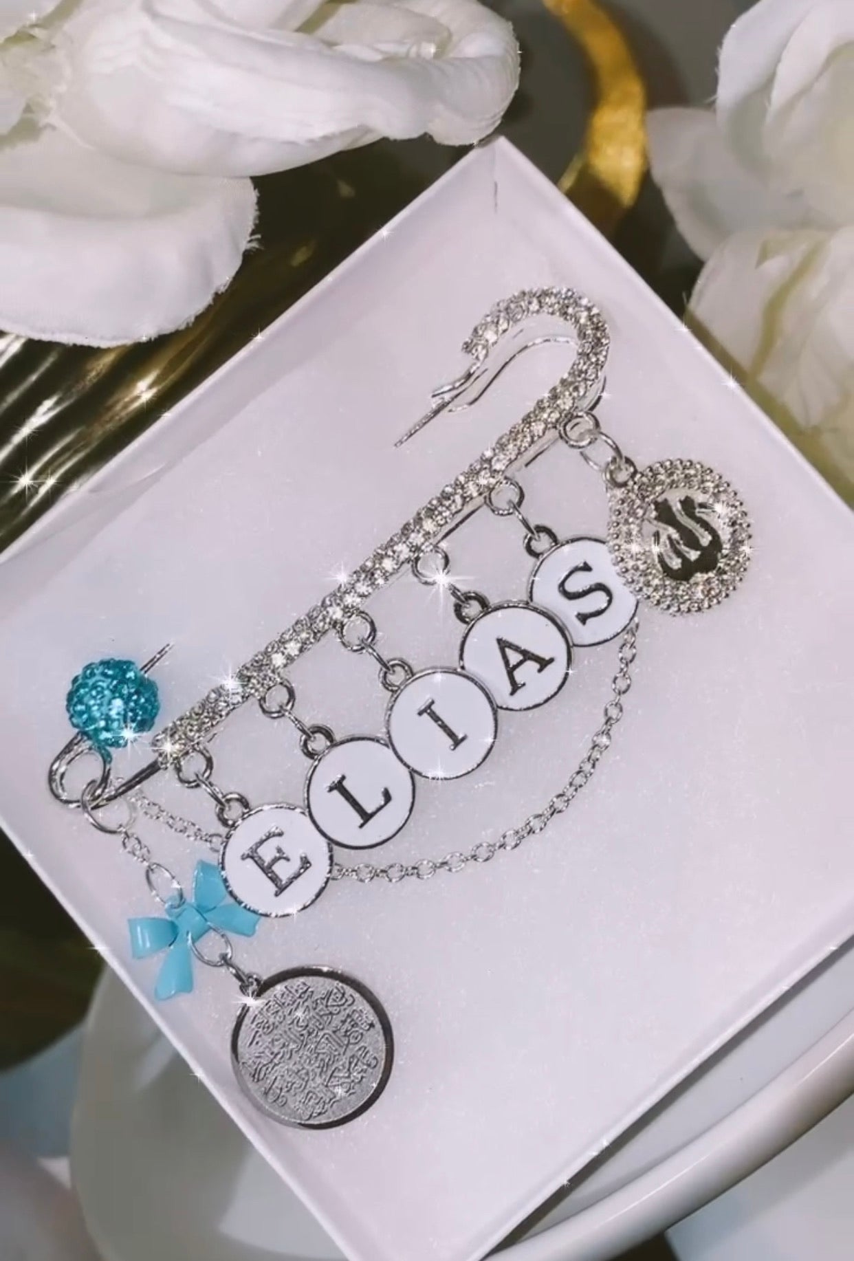 Full Name Pin with Allah & Ayatul Kursi Charms