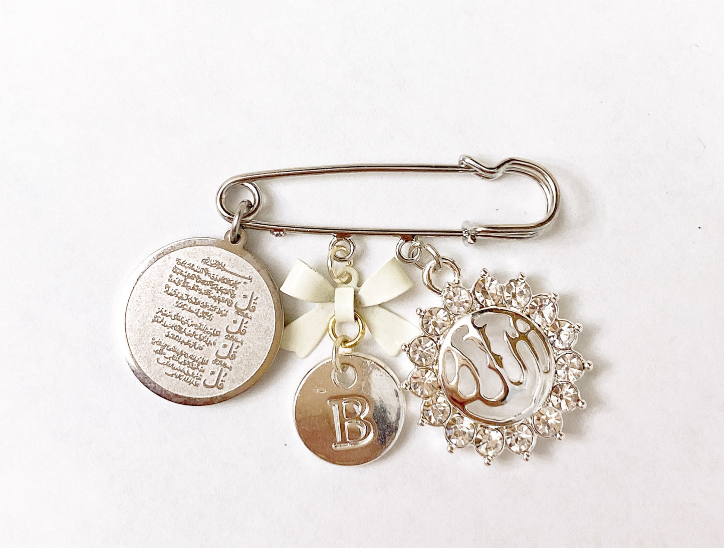 Boy's Small Initial Pin with Allah & Ayatul Kursi Charms