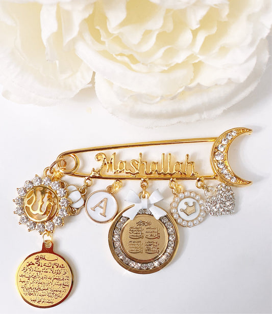 MashAllah Initial Pin in White with 4 Quls & Ayatul Kursi