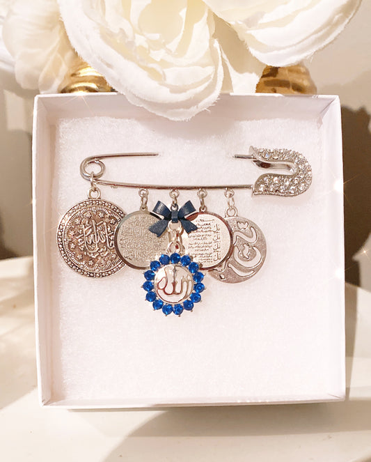 Islamic Baby Pin with Allah, MashAllah, Ayatul Kursi, 4 Quls Charms