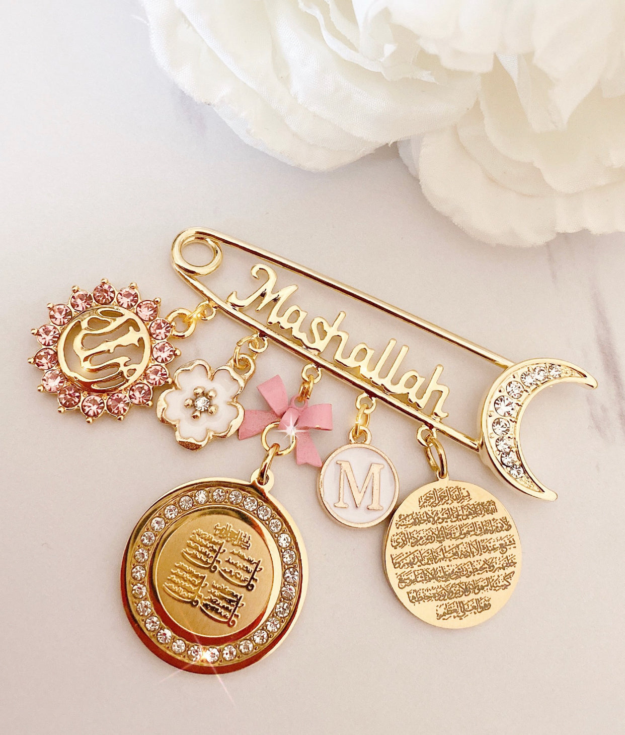 MashAllah Initial Pin with 4 Quls, Ayatul Kursi, & Allah Charm