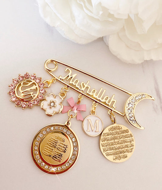 MashAllah Initial Pin with 4 Quls, Ayatul Kursi, & Allah Charm