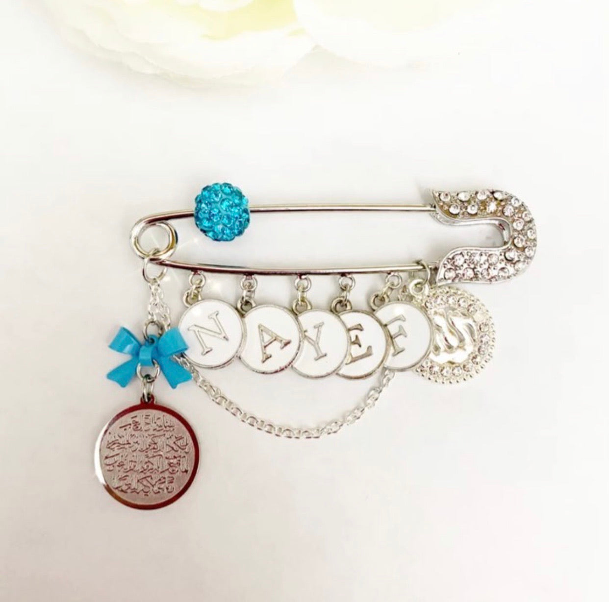 Customized Crystal Tip Pin with Name & Allah & Ayatul Kursi Charms