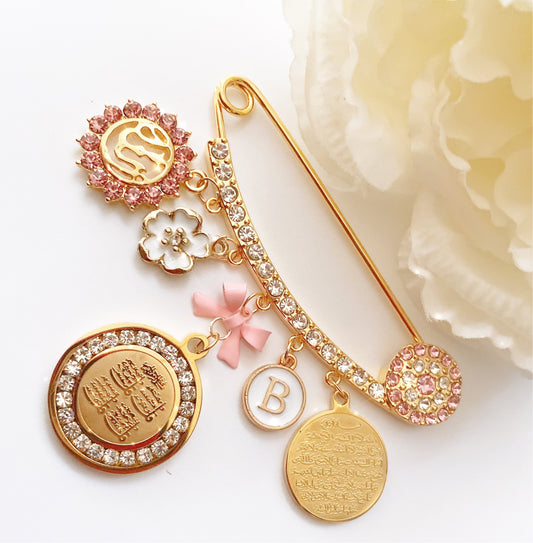 Girl's Customized Initial Pin with Diamante 4 Quls Center Piece