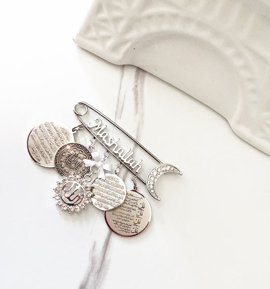 Islamic Baby Pin with Ayat Kursi, MashAllah, 4 Quls, & Allah
