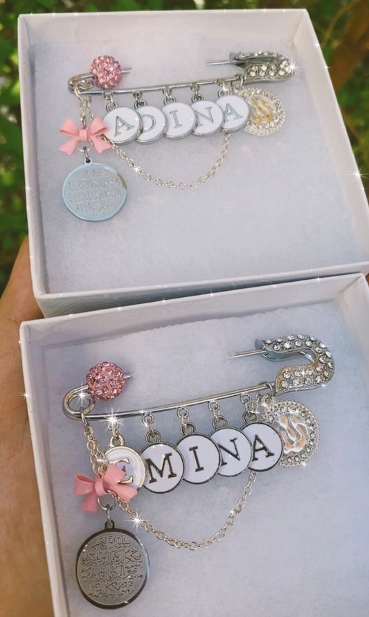 Girl's Customized Name Pin with Allah & Ayatul Kursi Charms