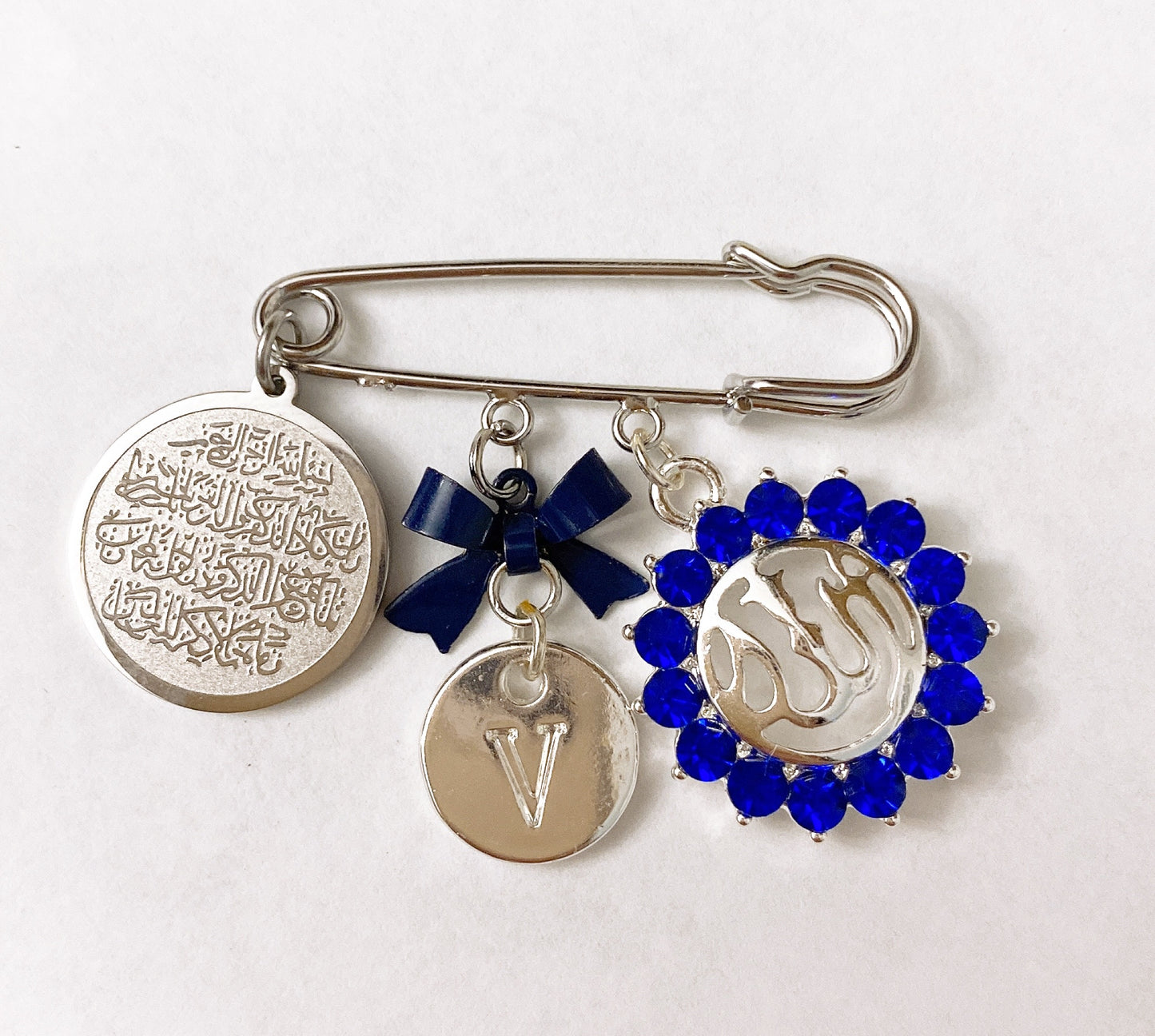 Boy's Small Initial Pin with Allah & Ayatul Kursi Charms