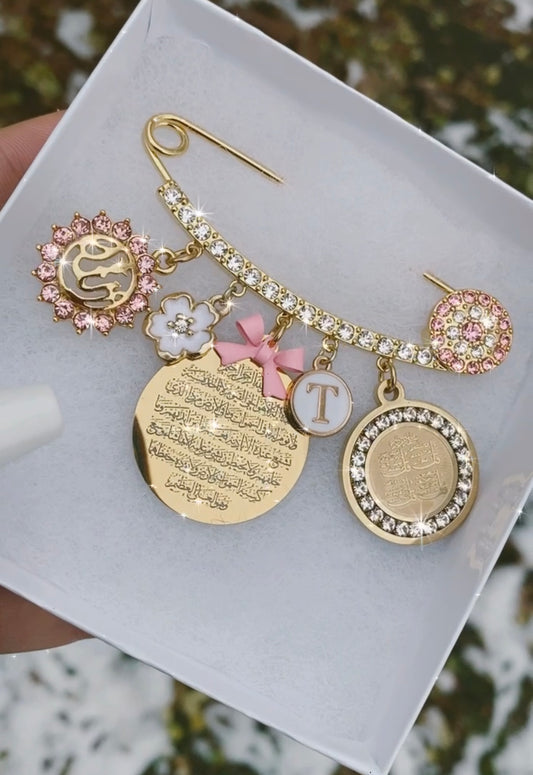 Girl's Customized Initial Pin with Ayatul Kursi & 4 Quls in Calligraphy