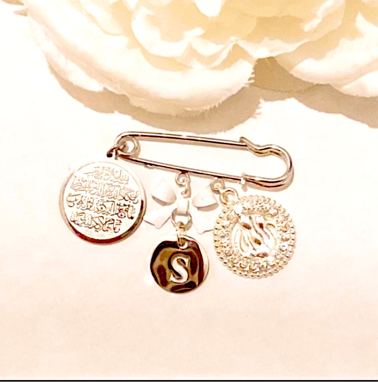 Boy's Small Initial Pin with Allah & Ayatul Kursi Charms