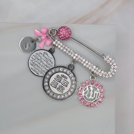 Pink Pin with Allah, Ayatul Kursi, & 4 Quls Charm