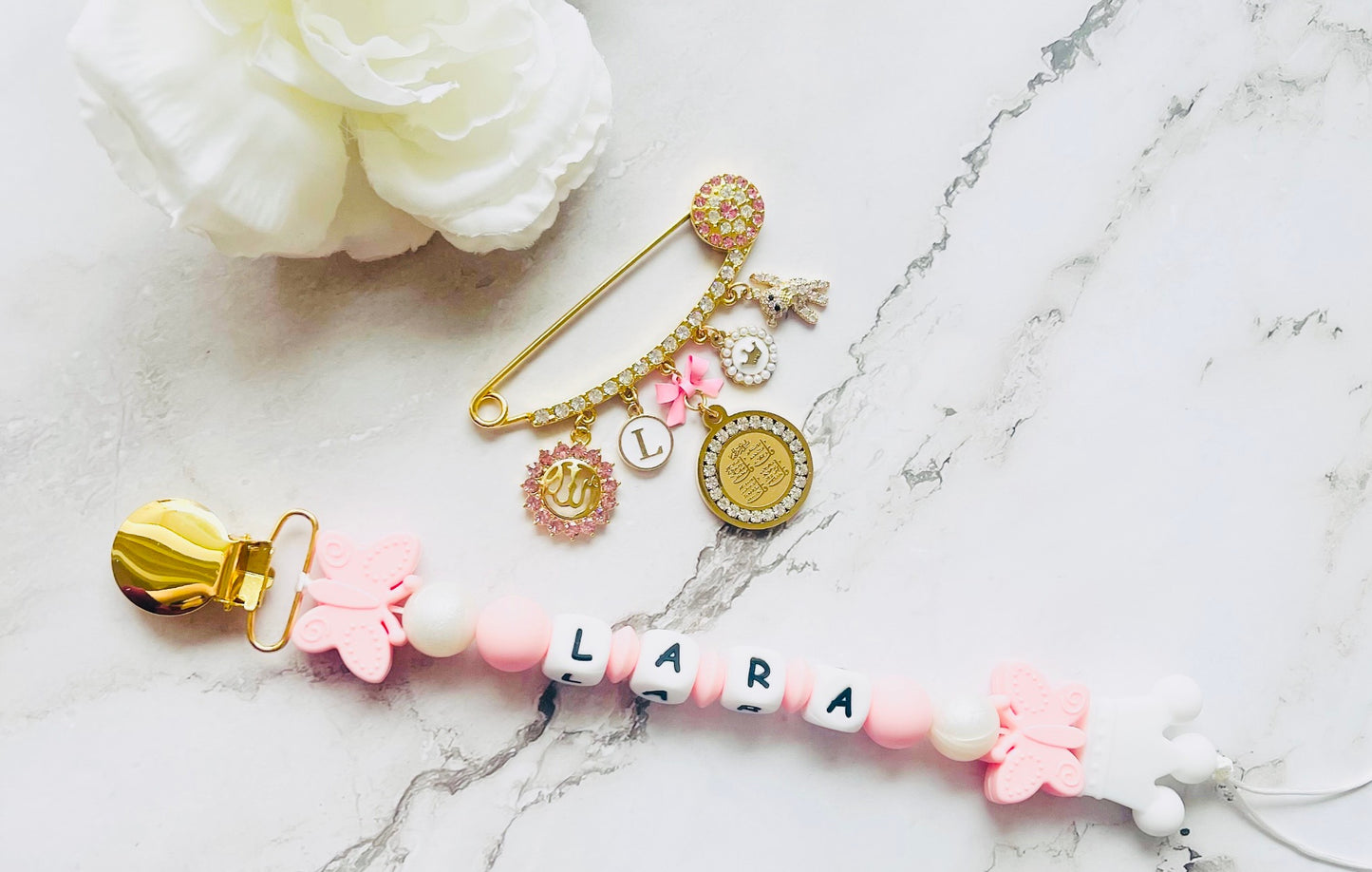 Customized Gold Initial Pin with Pacifier Clip
