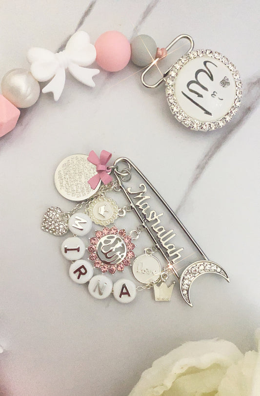 MashAllah Pin with Beaded Name, Allah & Ayatul Kursi Charms