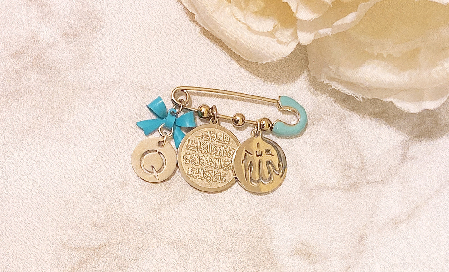 Small Dainty Initial Pin with Allah & Ayatul Kursi Charms