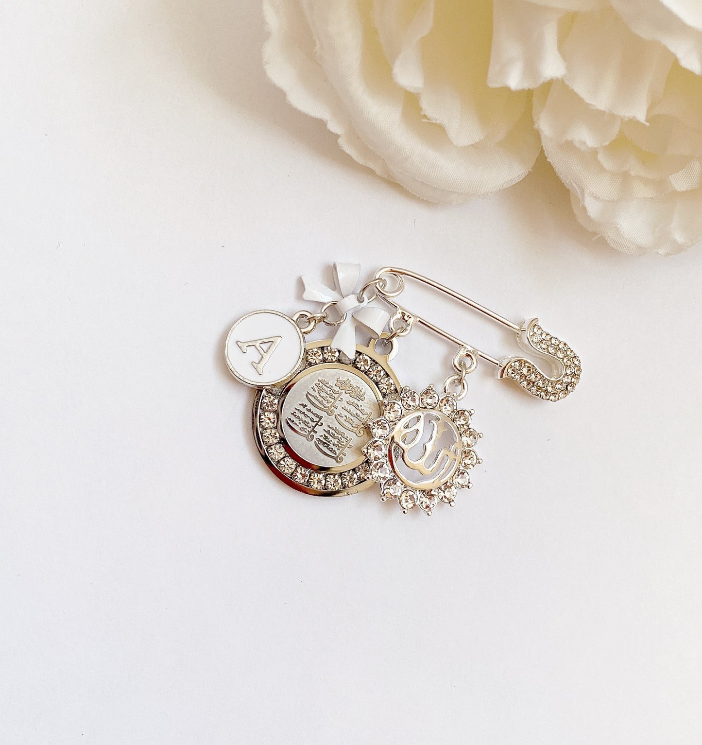 Small Crystal Tip Initial Pin with Allah & Ayatul Kursi Charms