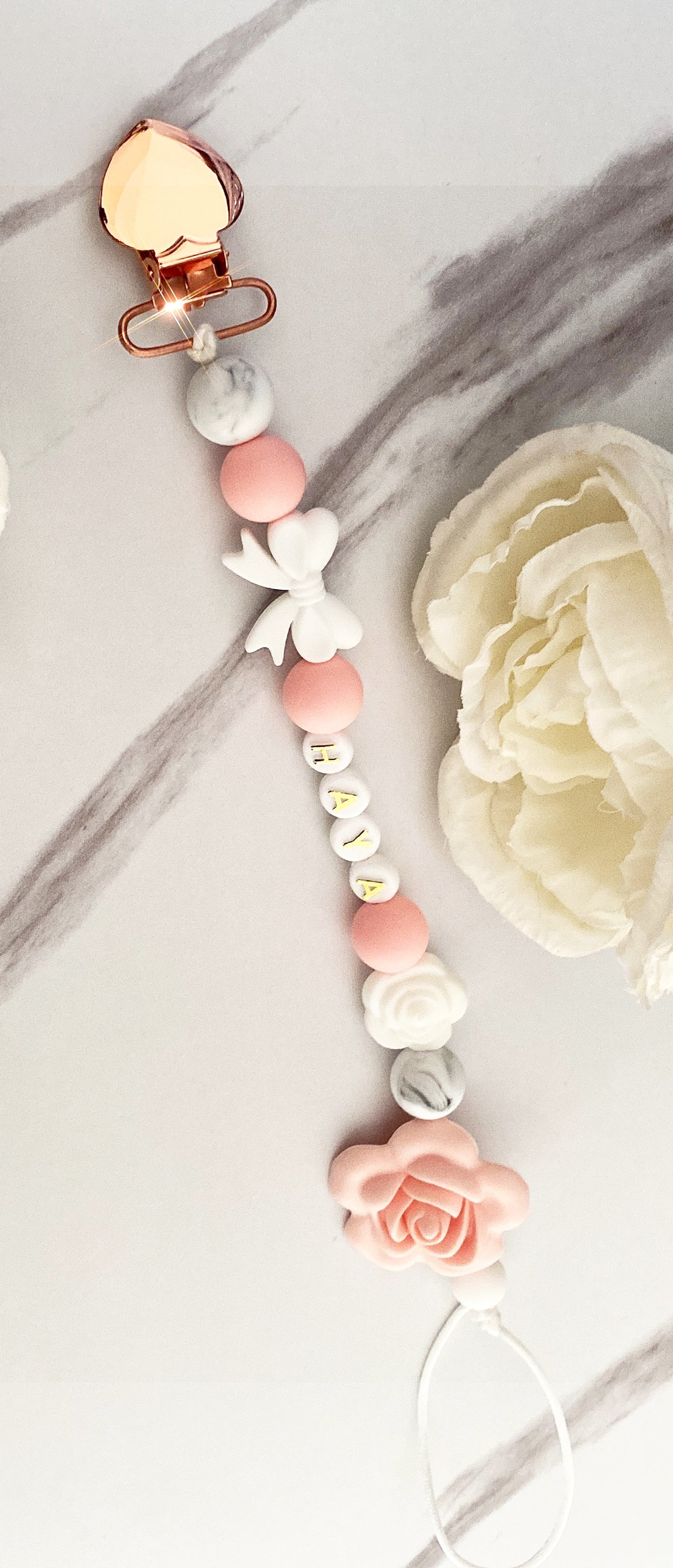 Personalized pacifier clip with Rose Gold clip