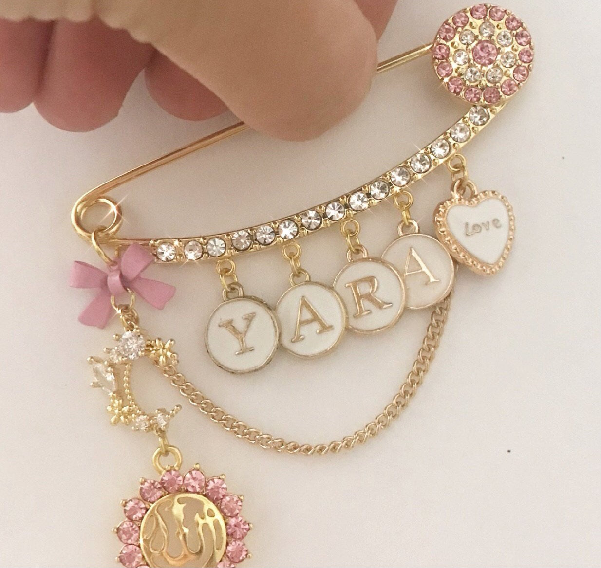 Gold and pink customized pin with name for girl